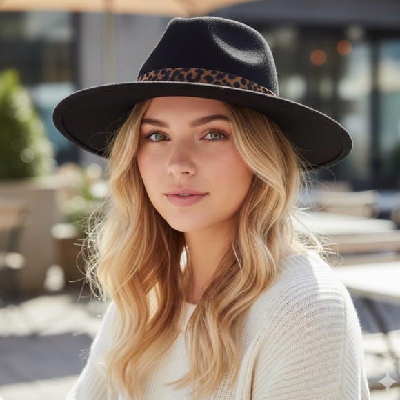 Rag & Bone - women’s fedora black 100% wool & 100% haircalf tiger print trim M - Picture 2 of 9